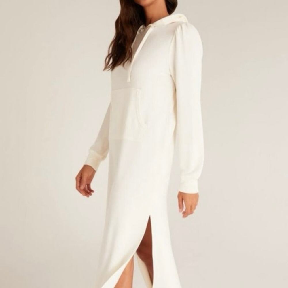 NEW Z Supply Cream Hooded Midi Sweatshirt Dress Modal Long‎ Sleeve Lounge Maxi - Picture 4 of 9